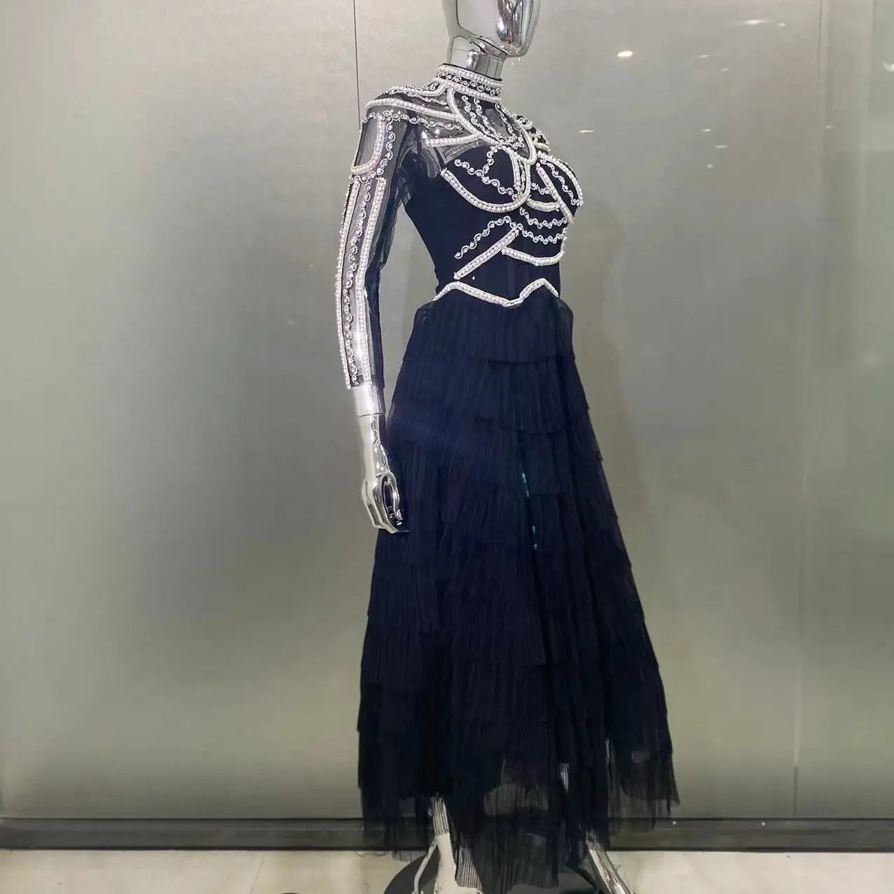 Elegant Red Carpet Evening Party Dress Women Long Sleeve Sexy Shinning Crystal Pearl Beading Ball Gown Long Dress 2024 New Style