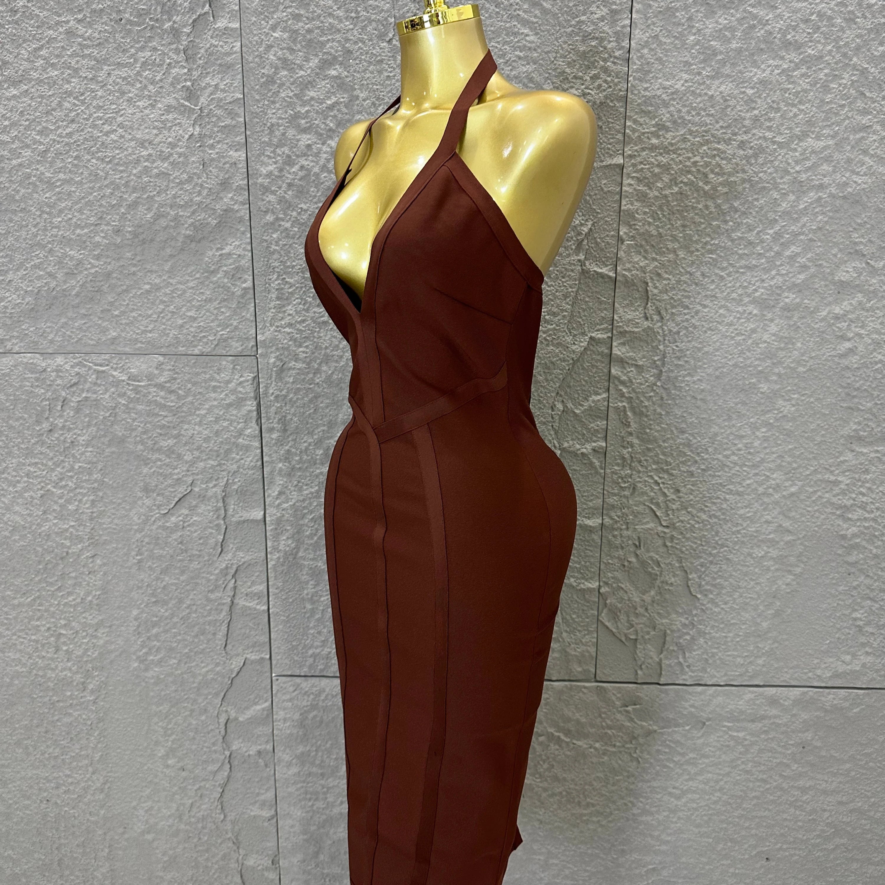 Elegant 2026 Brown Bandage Midi Dress Women Sexy Halter Neck Deep V Bodycon Evening Party Costume Cocktail Party Costume