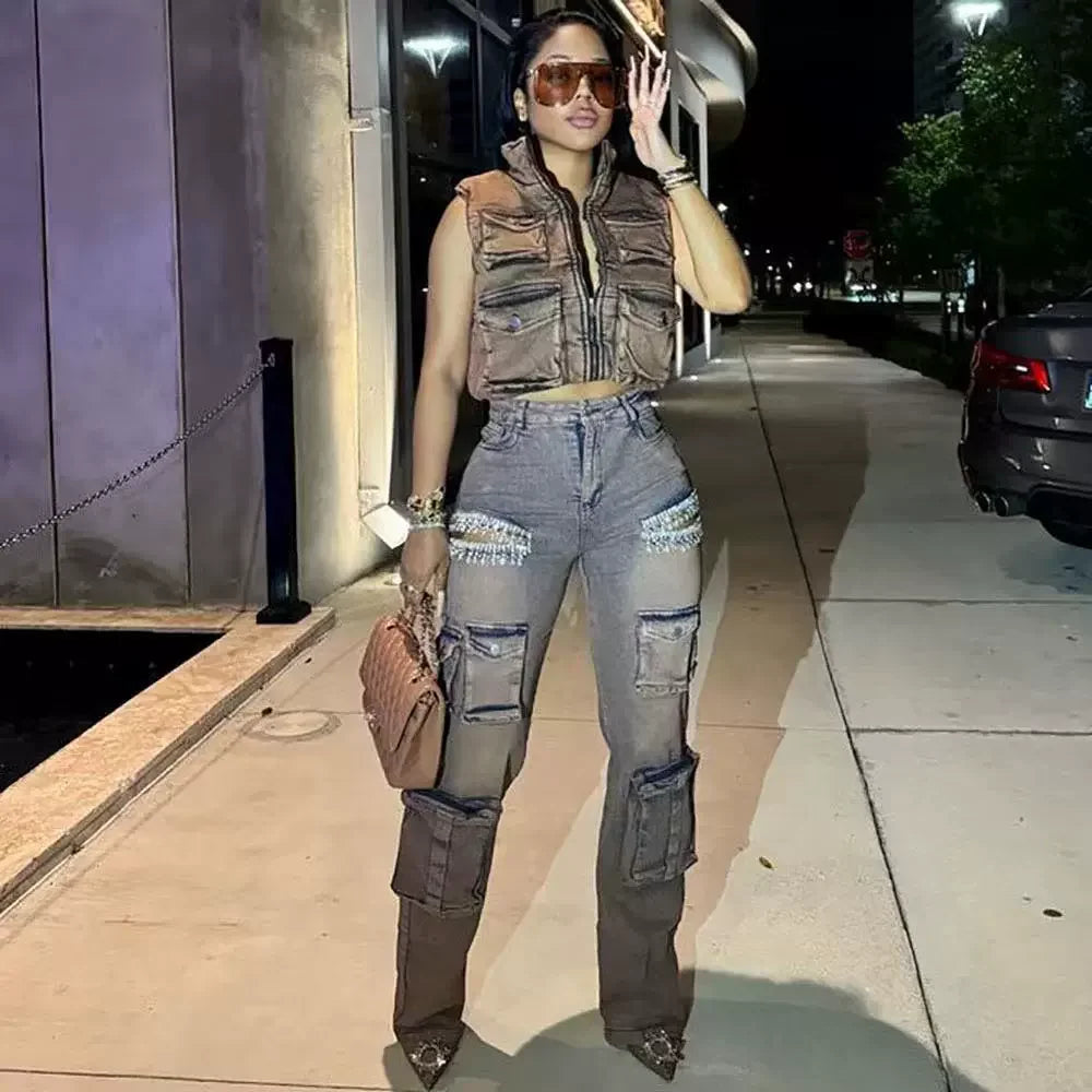 Women Cutout Diamonds Crystal Hollow Out Straight Denim Pants 2024 Fall Multi Pocket High Waist Wide Leg Jeans Trousers Coffee