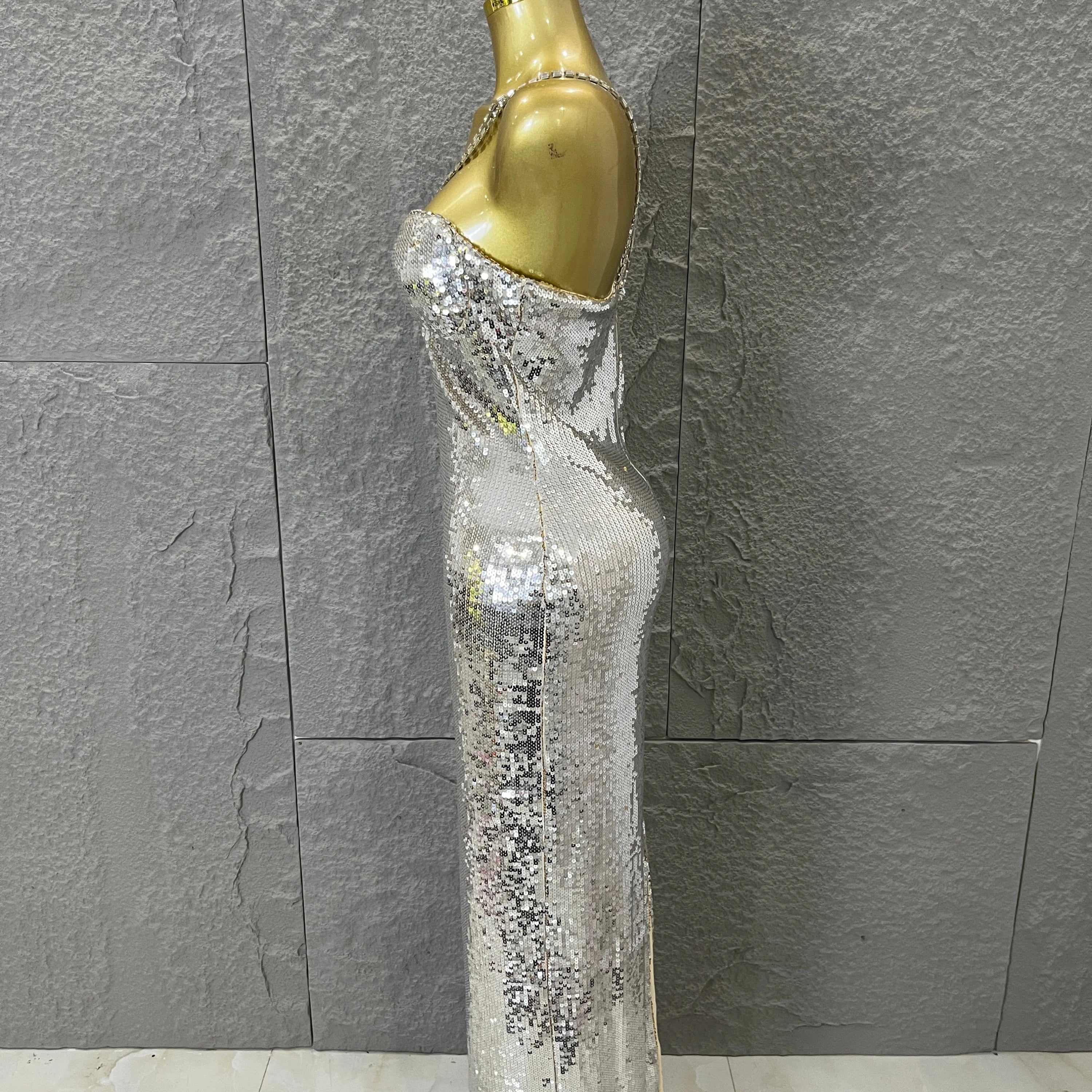 Classic Gold Sequin Mermaid Dress Rhinestone Chain Shoulder Straps Sweetheart Neck Formal Evening Gala Photoshoot Cocktail Party
