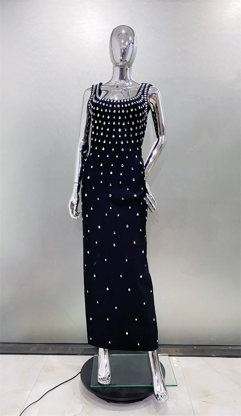 Luxury Diamonds Sexy Square Collar Package Hips Bandage Dress Fashion Woman Evening dress Celebrity Cocktail Party Outfit black