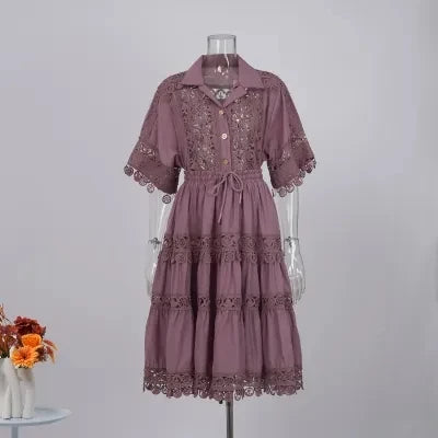 Embroidery 2 Pieces Set Women Hollow Out Loose Shirt Tops + Elastic Waist Midi Skirts Suit Summer Vacation Lace Ladies Outfit purple