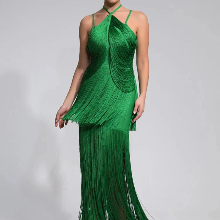 Women Celebrity Luxury Sexy Backless Tassel Green Ankle Length Bodycon Bandage Dress 2024 Elegant Evening Club Party Outfit green