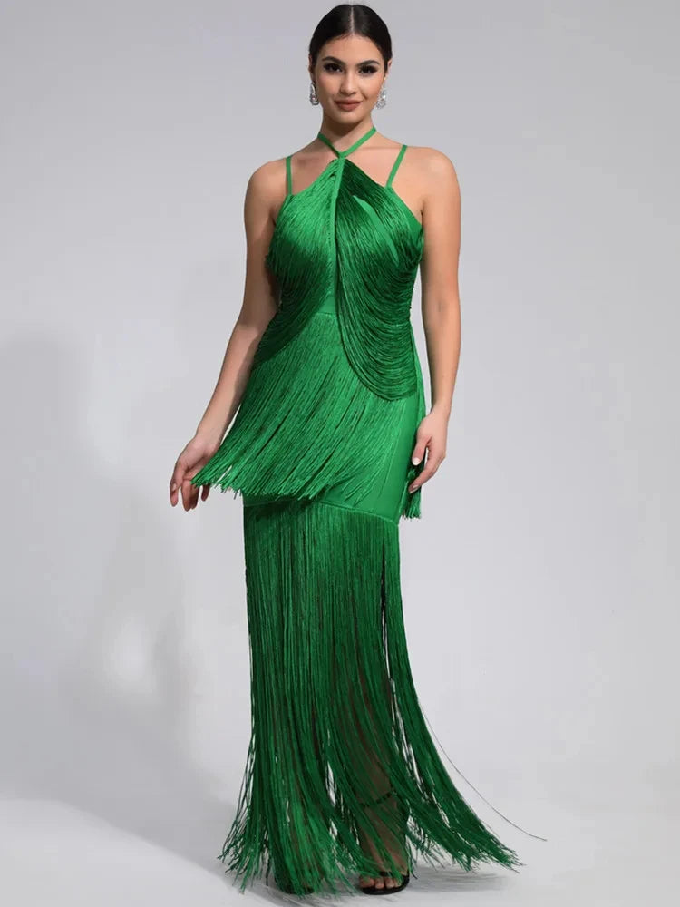 Women Celebrity Luxury Sexy Backless Tassel Green Ankle Length Bodycon Bandage Dress 2024 Elegant Evening Club Party Outfit green
