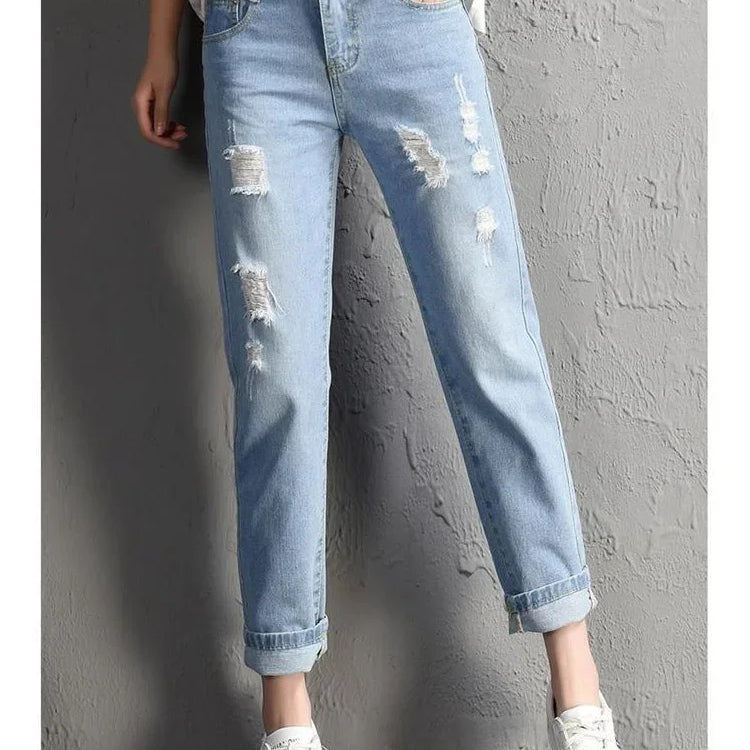 Casual High Street Denim Pants Women Fashion Mid Waist Big Ripped Hole Jeans Sexy Vintage Pencil Calca High Waisted Jeans Light blue
