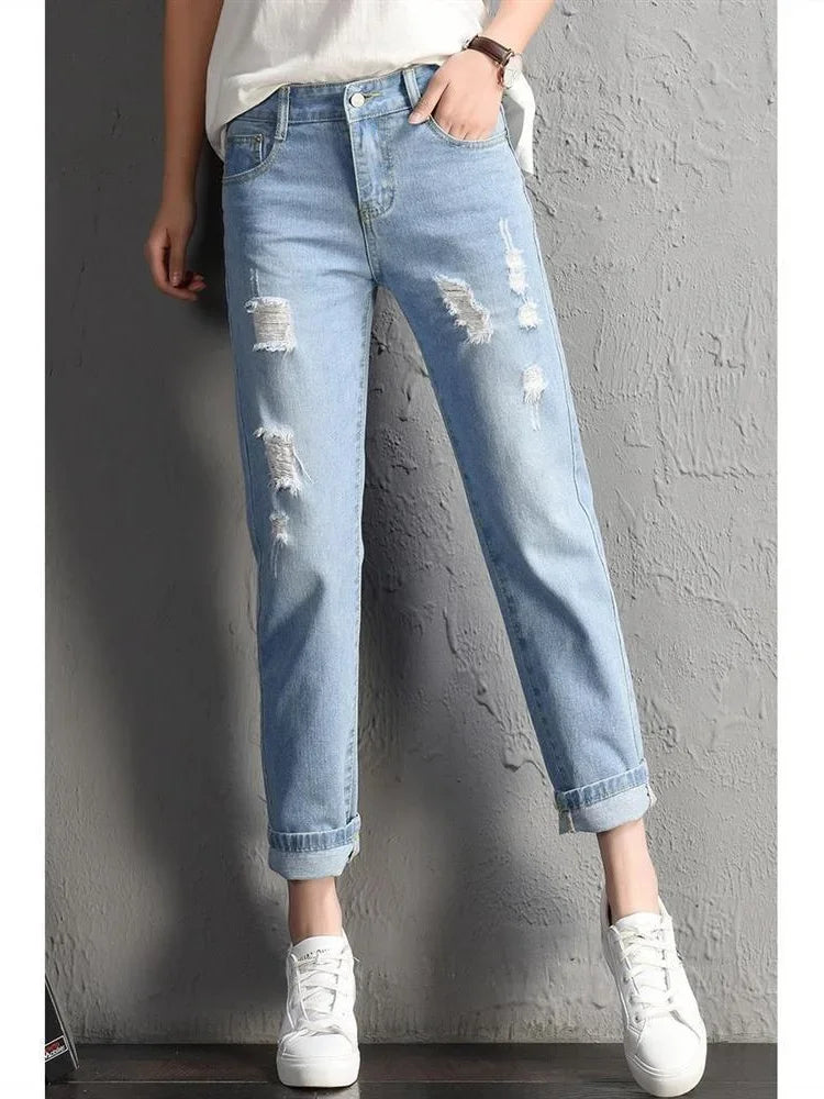 Casual High Street Denim Pants Women Fashion Mid Waist Big Ripped Hole Jeans Sexy Vintage Pencil Calca High Waisted Jeans Light blue