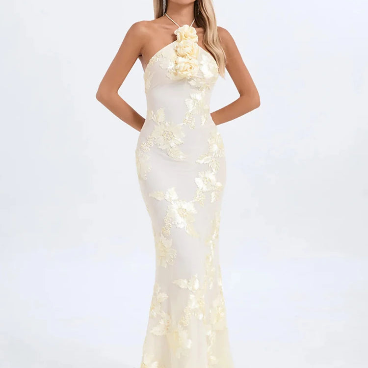 Sexy Halter Neck 3D Flowers Bodycon Long Dress Women Beige Sleeveless Lace-up Floor Length Evening Party Long Wedding Gowns