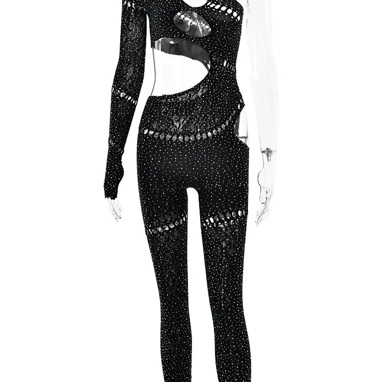 Sibybo Sexy Single Rotator Cuff Hollow Out High Elastic Jumpsuit Luminous Rhinestones Solid Color Trousers Spicy Girl Streetwear Black One Size
