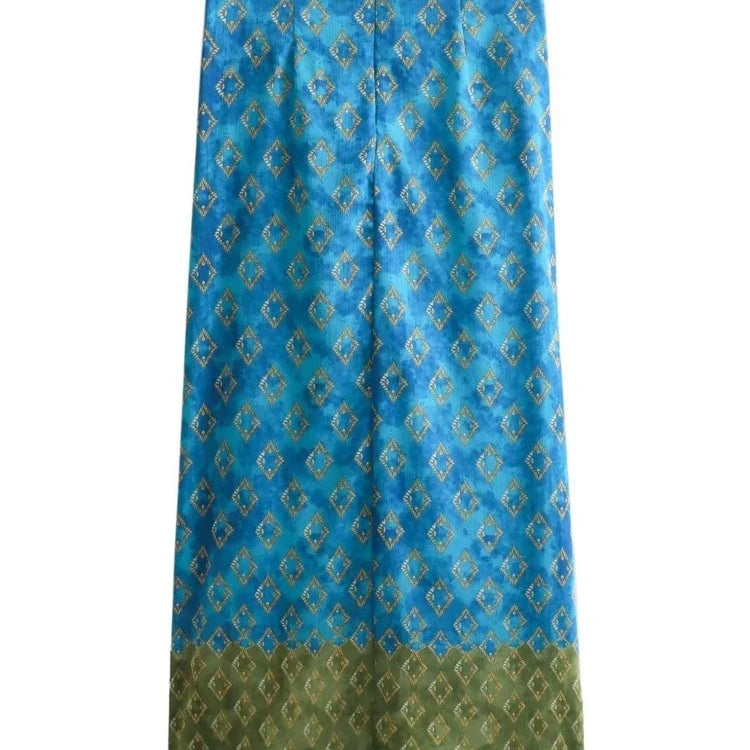 Aonibeier Thin Satin Printed Patchwork Women Long Skirt Traf Summer Zipper High Waist Slit Front Female Maxi Skirt Y2K Beachwear