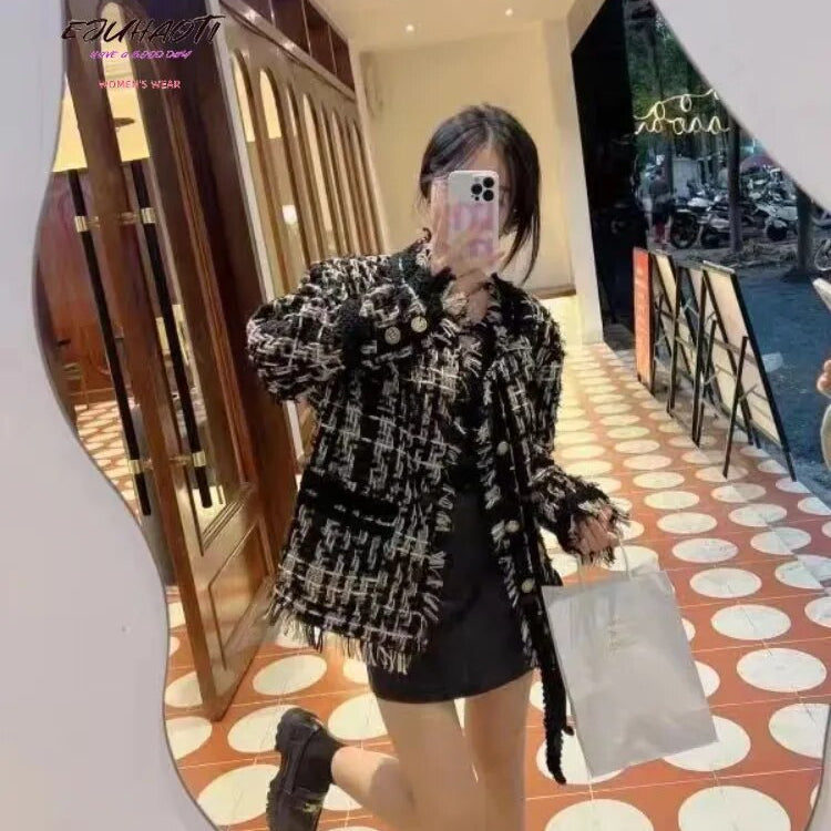 Women's Coat New French Style Small Fragrance 2024 Autumn Winter Retro Weave Tassels Temperament Tweed Tops Jacket