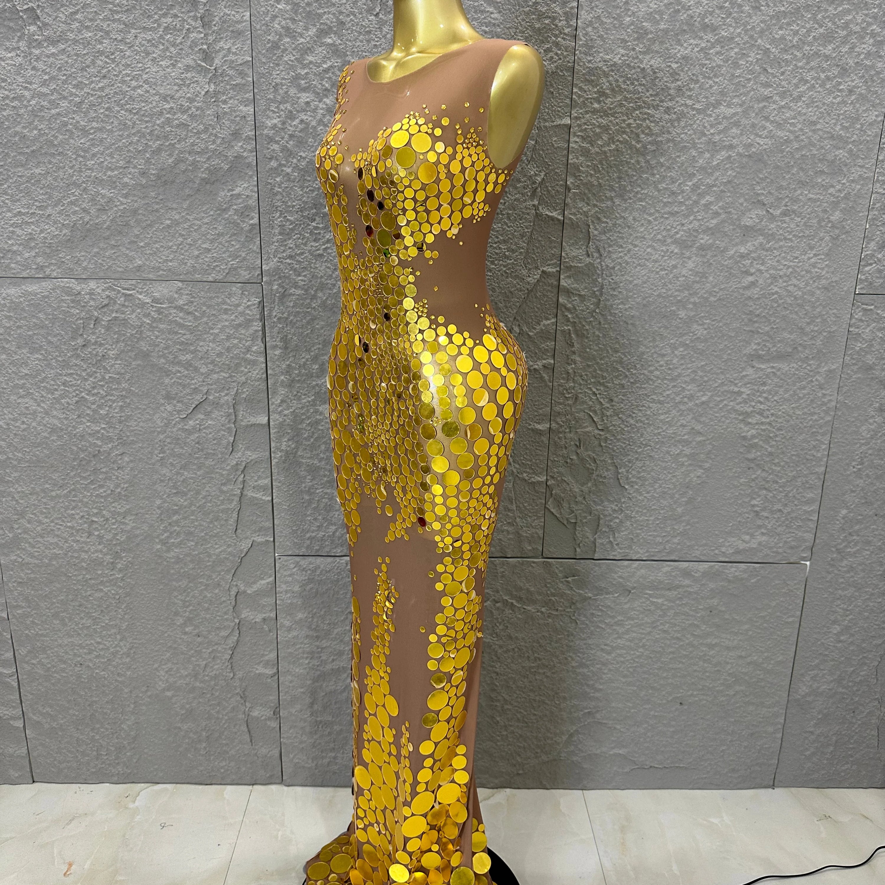 Opulent Nude Sleeveless Women Gold Sequin Dot Embellished Bodycon Stage Performance Costume Formal Event Party Costume