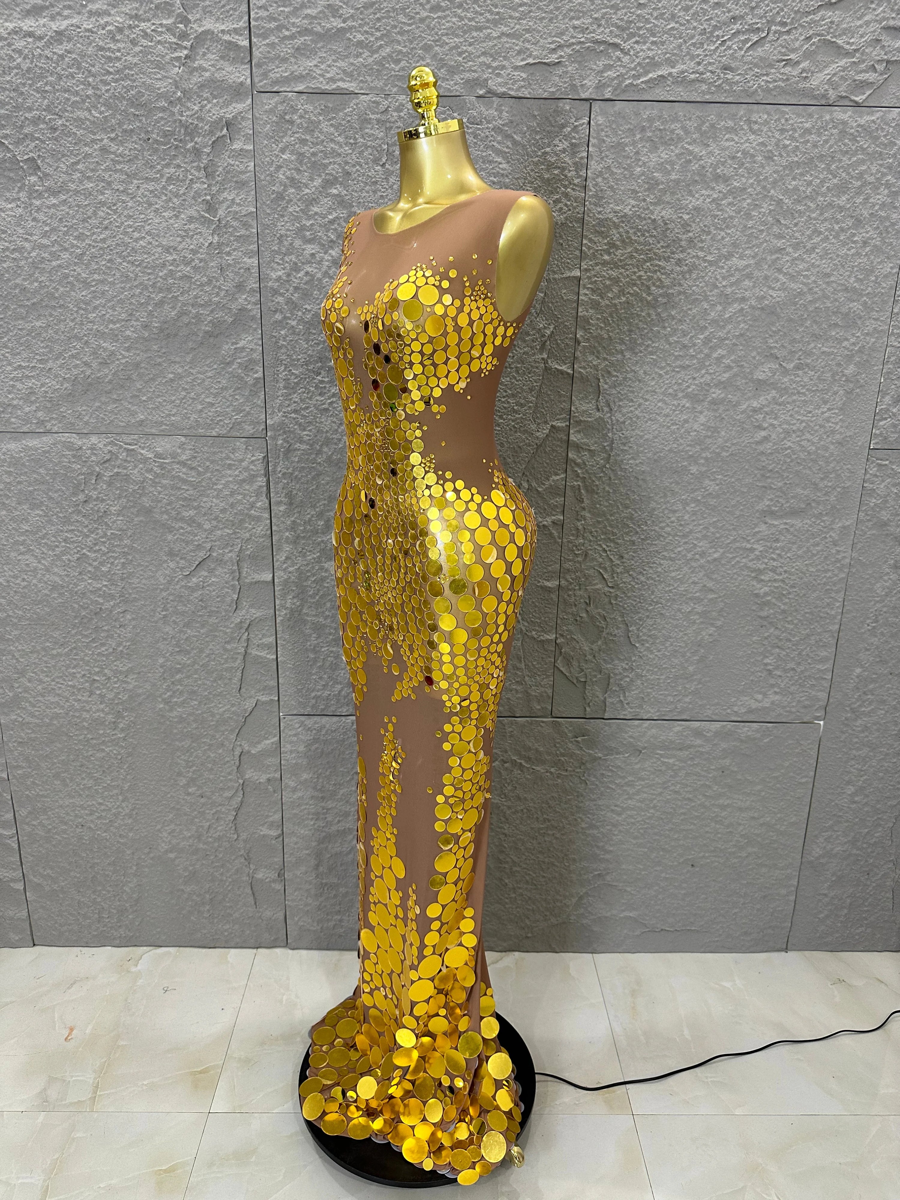 Opulent Nude Sleeveless Women Gold Sequin Dot Embellished Bodycon Stage Performance Costume Formal Event Party Costume