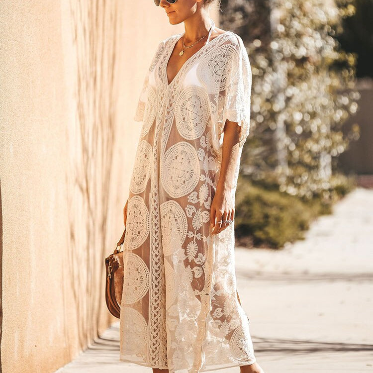 Sexy Kaftan Beach Pareo Beachwear Swim Suit Cover-ups Playa Pareo Beach Tunic See-through