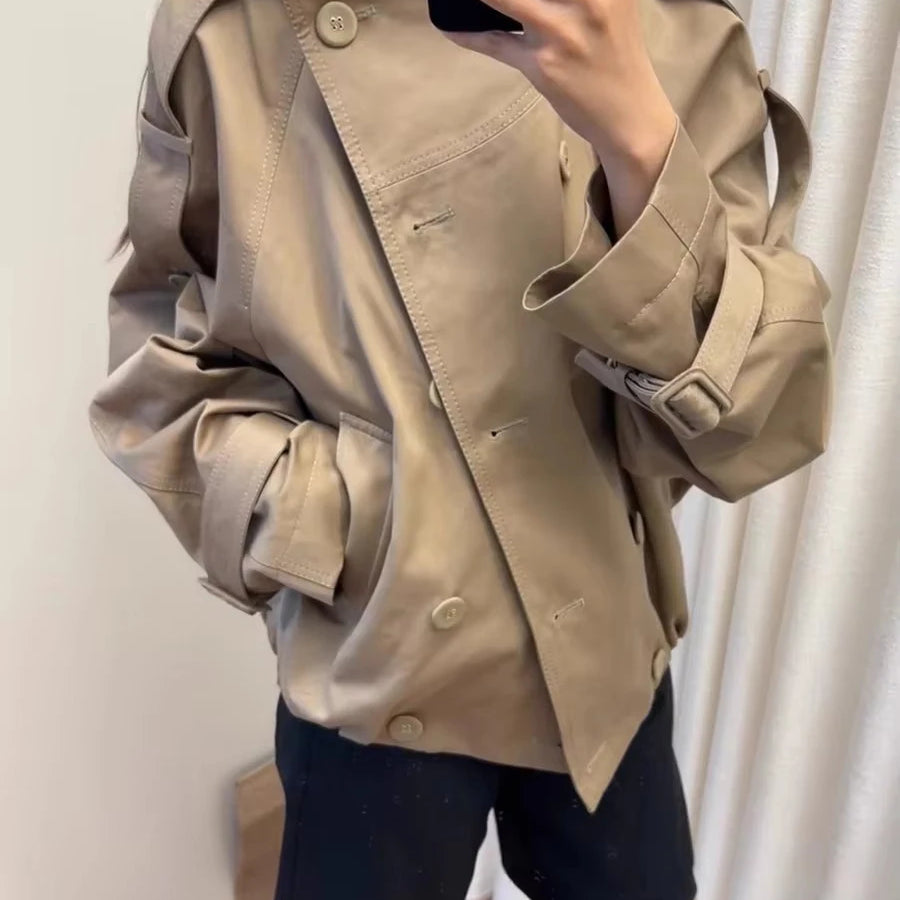 Lautaro Autumn Cool Short Oversized Khaki Jacket Coat Women Stand Collar Double Breasted Loose Casual Korean Fashion Clothes