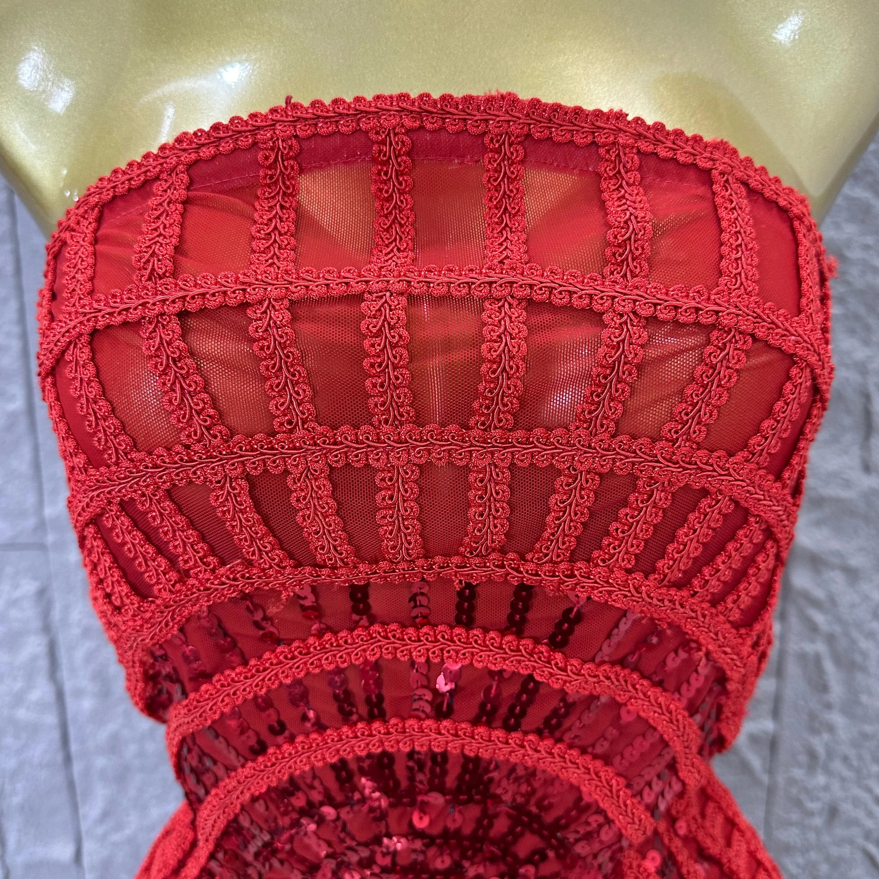 Elegant Sequined Sheer Mesh Maxi Dress Women Sexy Strapless 3D Grid Embellished Bodycon Mermaid Outfit Stage Performance Costume