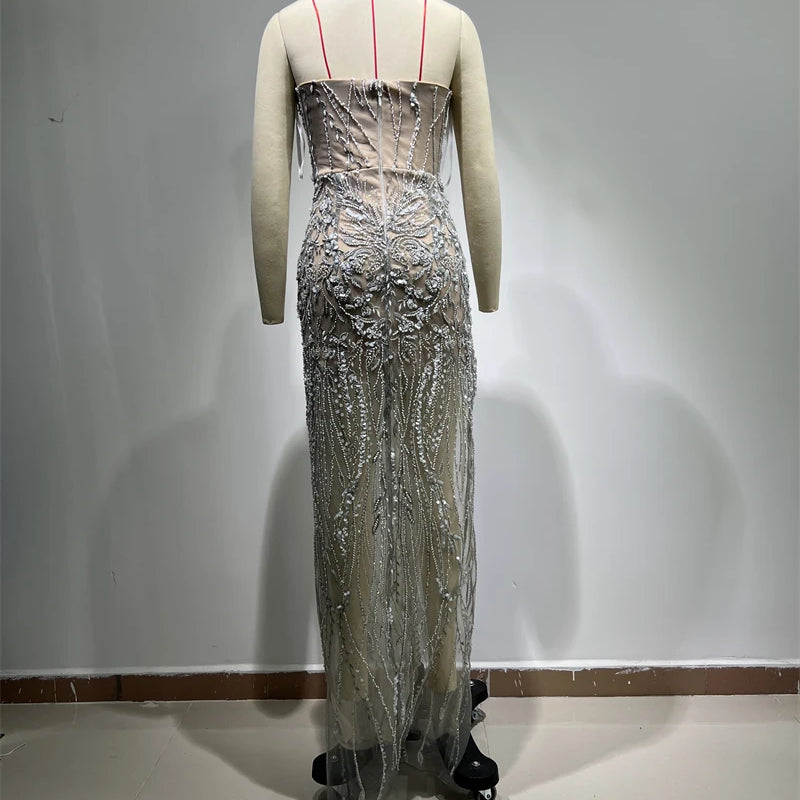 Luxury Diamonds Beading Sexy High Slit V-Neck Strapless Ankle Length Dress Goddess Dress Celebrity Evening Party Outfit