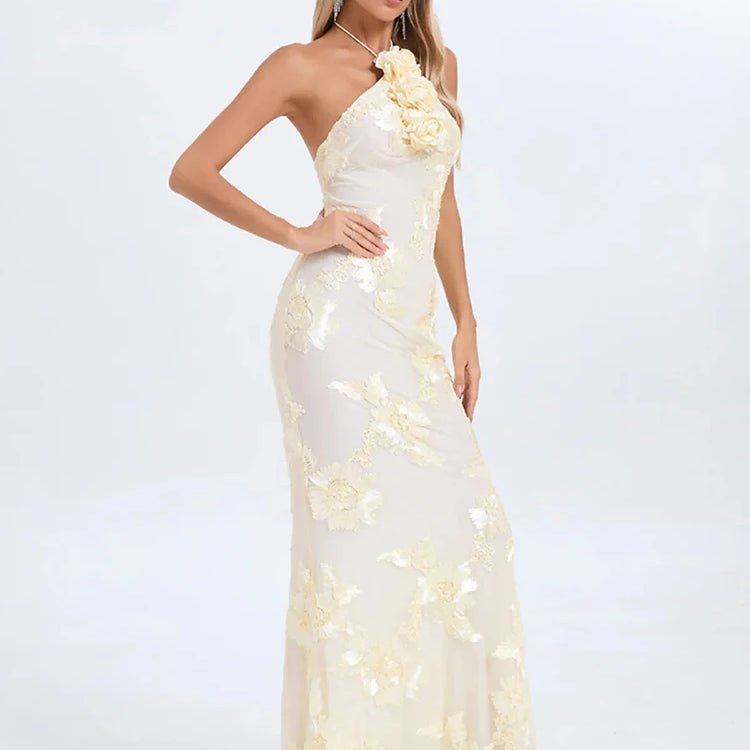 Sexy Halter Neck 3D Flowers Bodycon Long Dress Women Beige Sleeveless Lace-up Floor Length Evening Party Long Wedding Gowns
