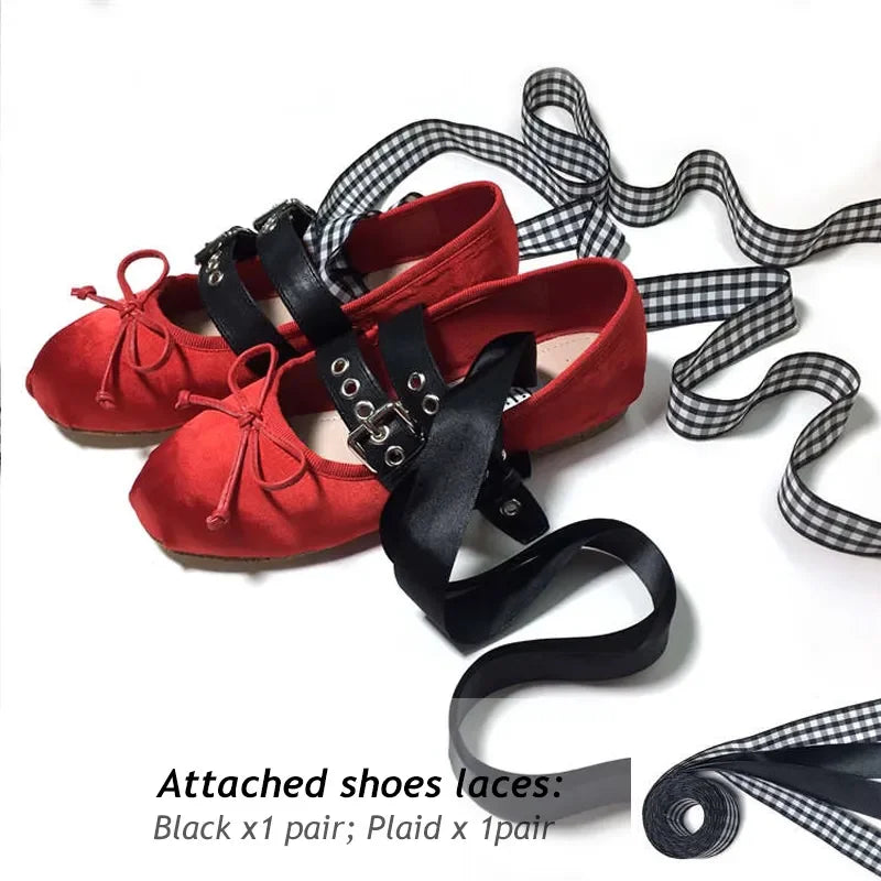 Luxury Brand Designer Ankle Strap Ballet Flats Buckles Silk Ballerina Shoes Woman Cross Strappy Satin Bowknot Mary Janes Red Silk Flats