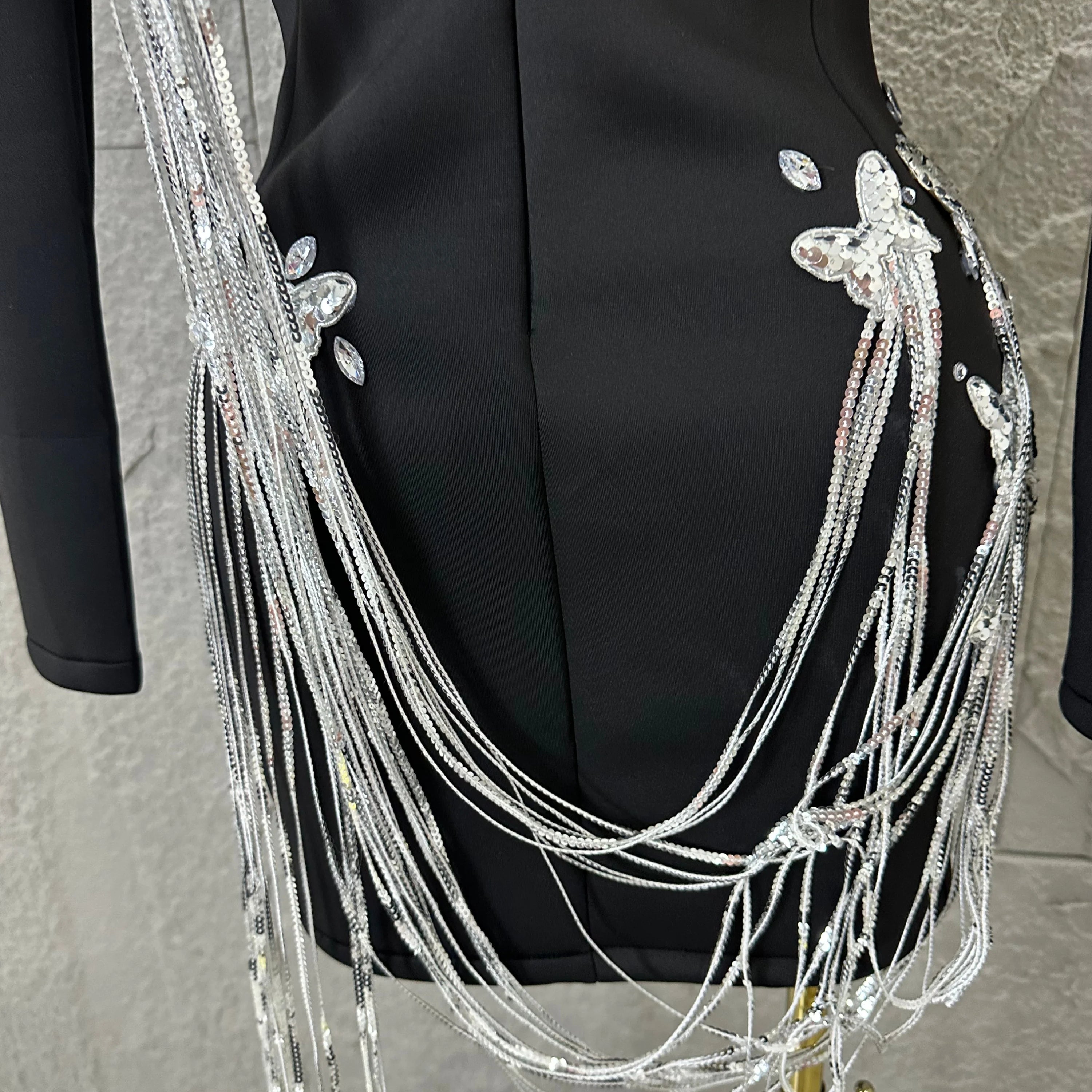 Luxury Black Blazer Mini Dress Deep V Neck Silver Crystal Beaded Butterfly Long Tassel Formal Evening Cocktail Gala Party Gown