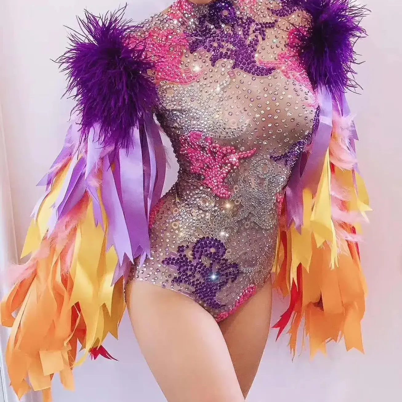 Fashion Stage Wear Ribbon Strip Feather Sleeve Rhinestone Bodysuit Women Nightclub Bar Party Outfit Performance Dance Costume pre-order 20 days 1