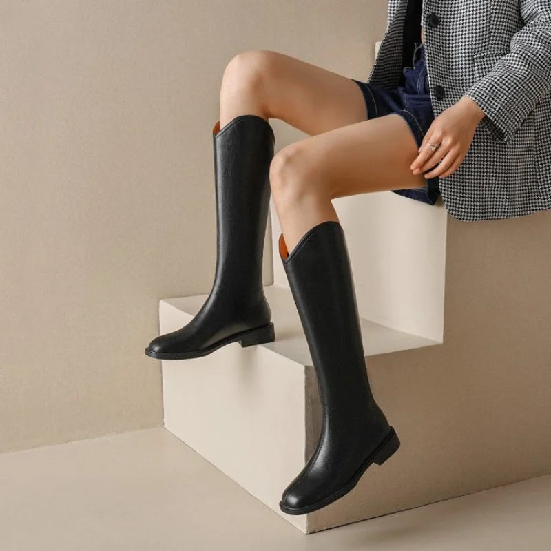 Women Knee-high Boots Leather Ladies Bootie Autumn and Winter Velvet Western Boots Goth Shoes