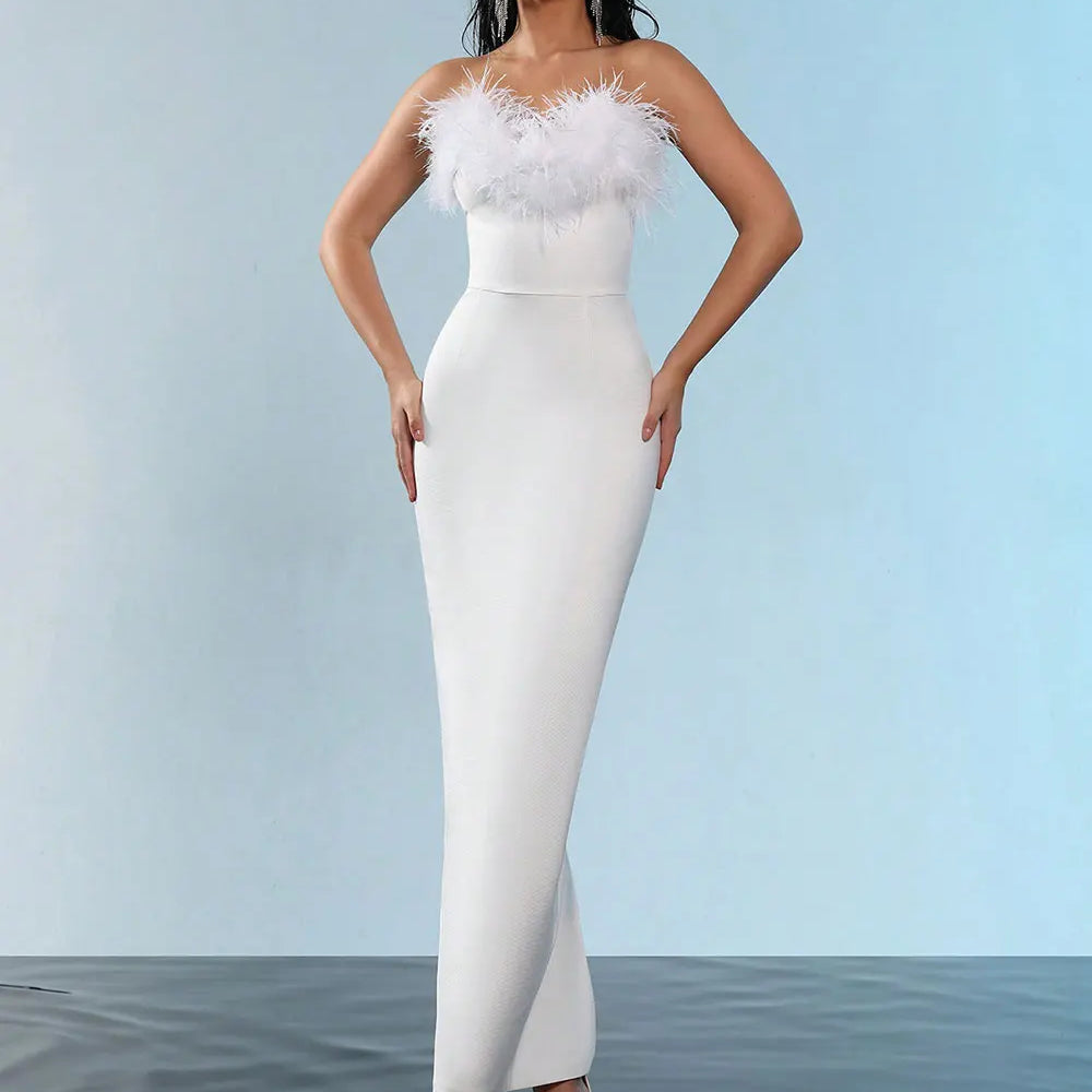 2025 Spring Sexy Women Feather Design Bandage Dress Strapless Sleeveless Bodycon Backless Long Dress Evening Club Party Vestidos WHITE