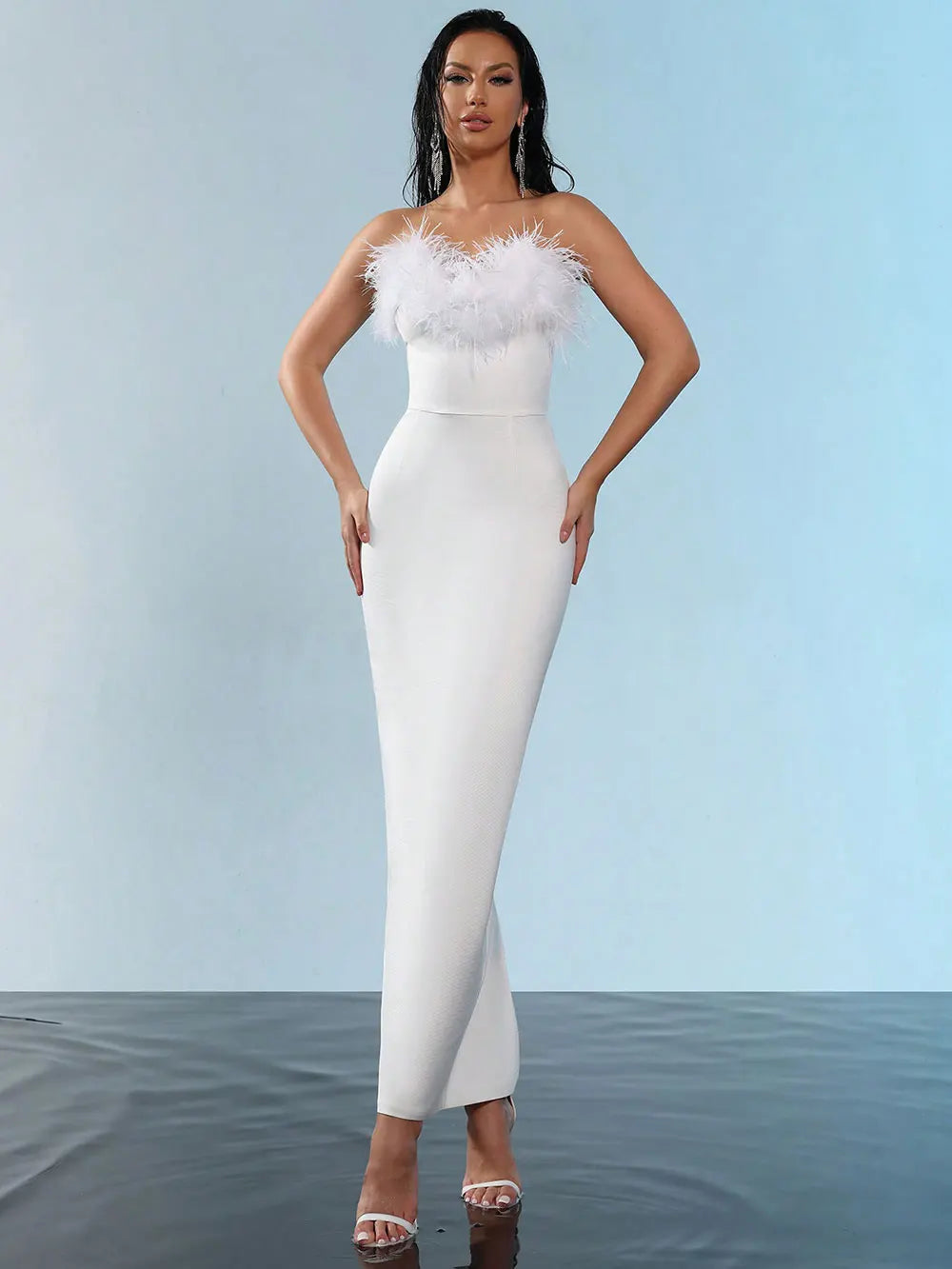 2025 Spring Sexy Women Feather Design Bandage Dress Strapless Sleeveless Bodycon Backless Long Dress Evening Club Party Vestidos WHITE