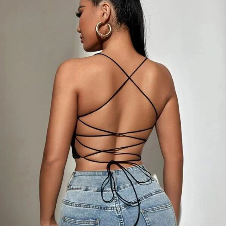 Summer New SXY Backless Lace Up Crop Cami Top black