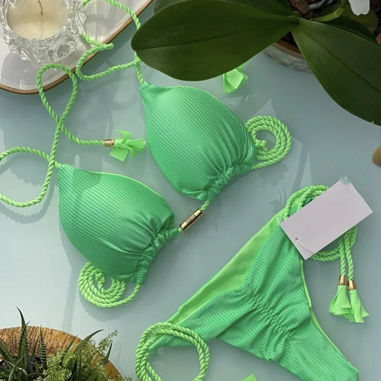 New Women Bikini Backless Rope Triangle Swimsuit Multicolor 8246