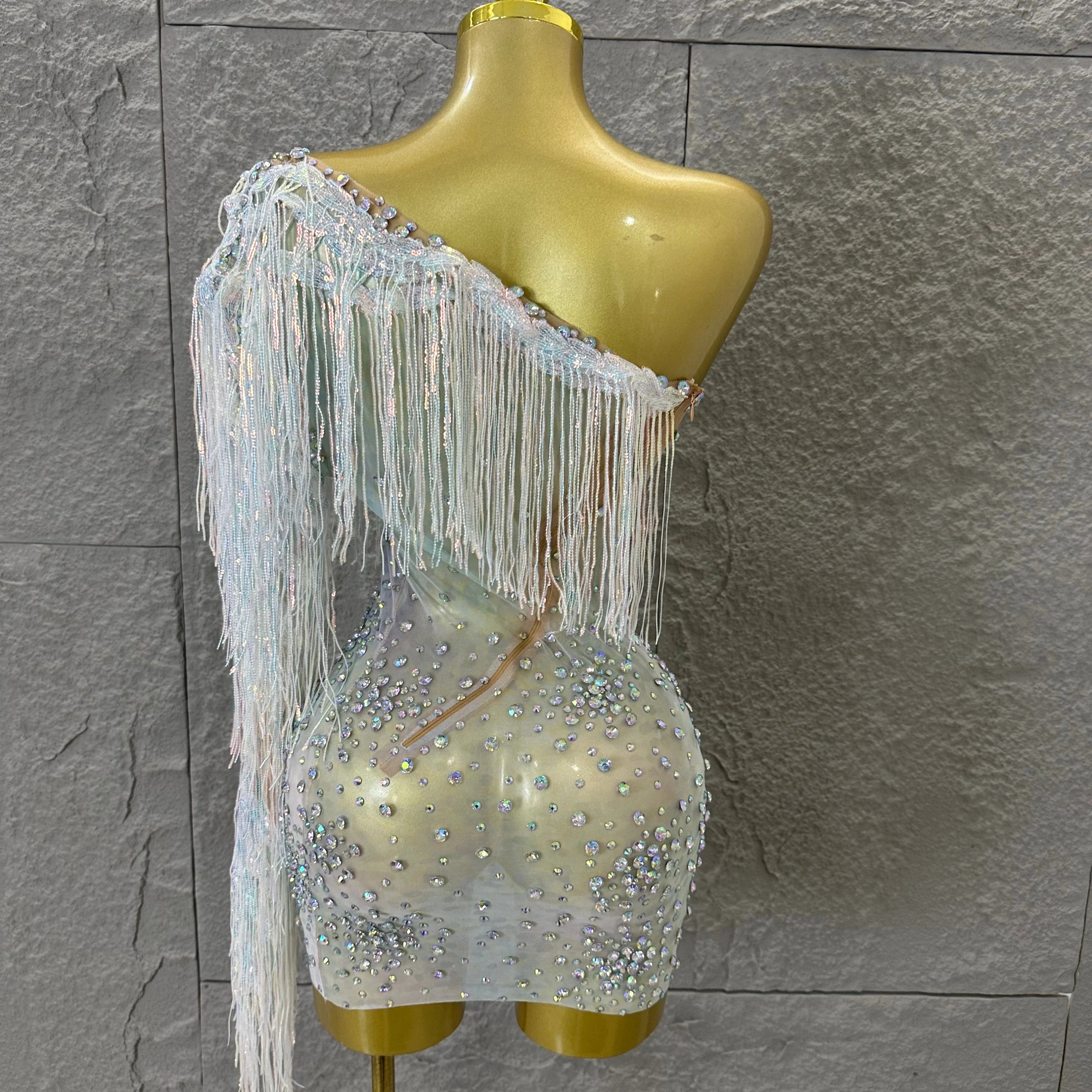 Glamorous Nude Sheer Mesh Dress Women Long Sleeve Flowy Rhinestone Fringe Embellished Nightclub Party Dance Performance Outfit