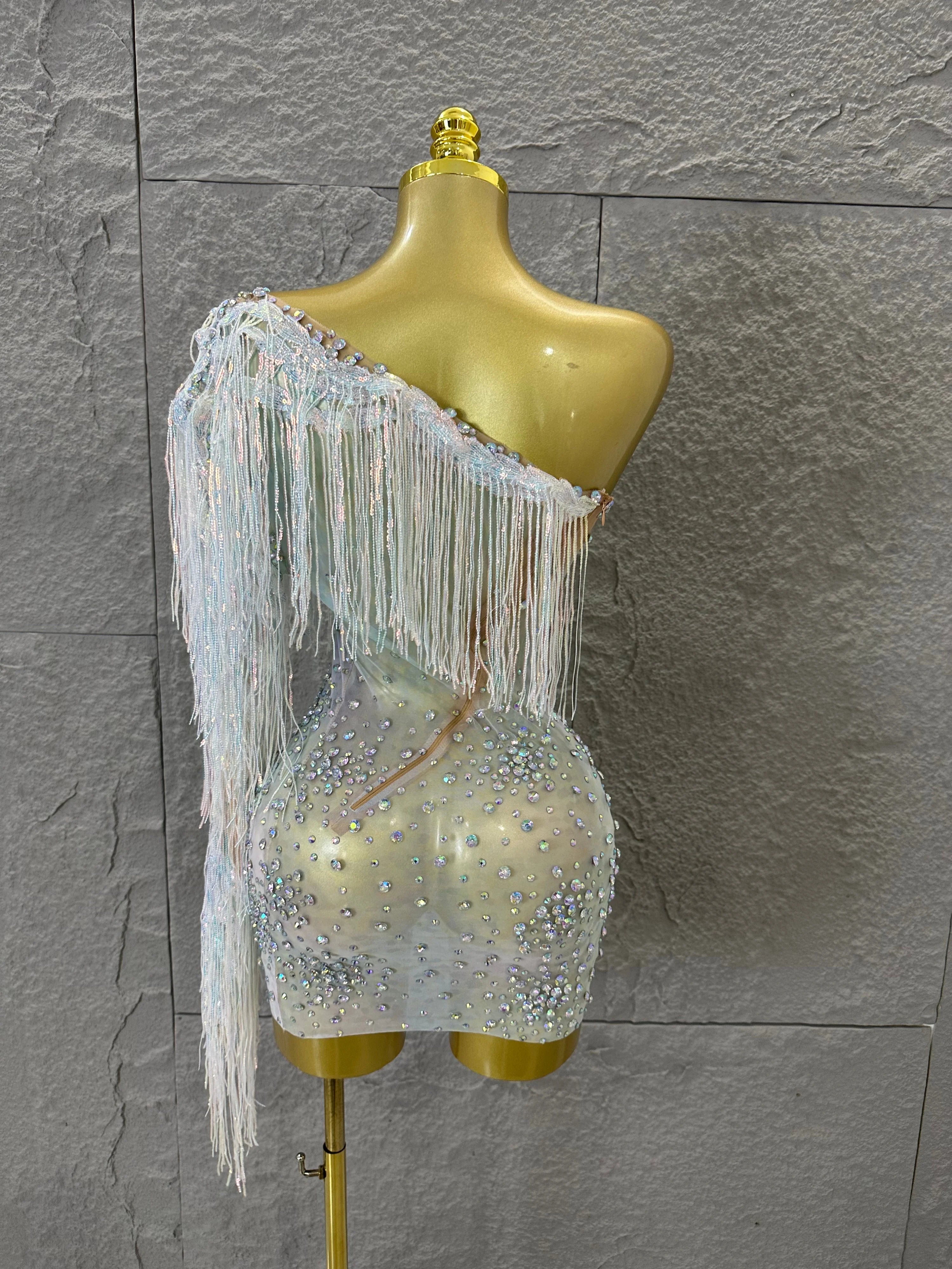 Glamorous Nude Sheer Mesh Dress Women Long Sleeve Flowy Rhinestone Fringe Embellished Nightclub Party Dance Performance Outfit