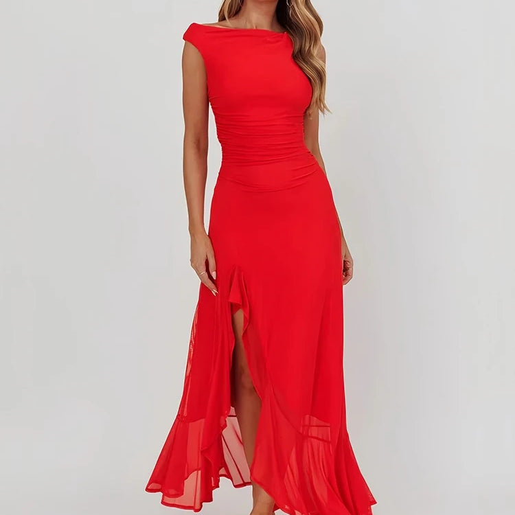 Sleeveless Ruffled Split Maxi Dress For Women Gown Mesh O Neck Oblique Shoulder Backless High Waist Slim Fit Club Dress Red