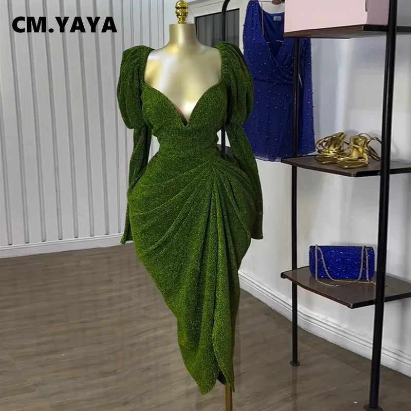 CM.YAYA Women Long Sleeve Strapless Ruched Mini Midi Dress 2025 Summer Evening Vacation Birthday Party Vestidos Sexy Dresses