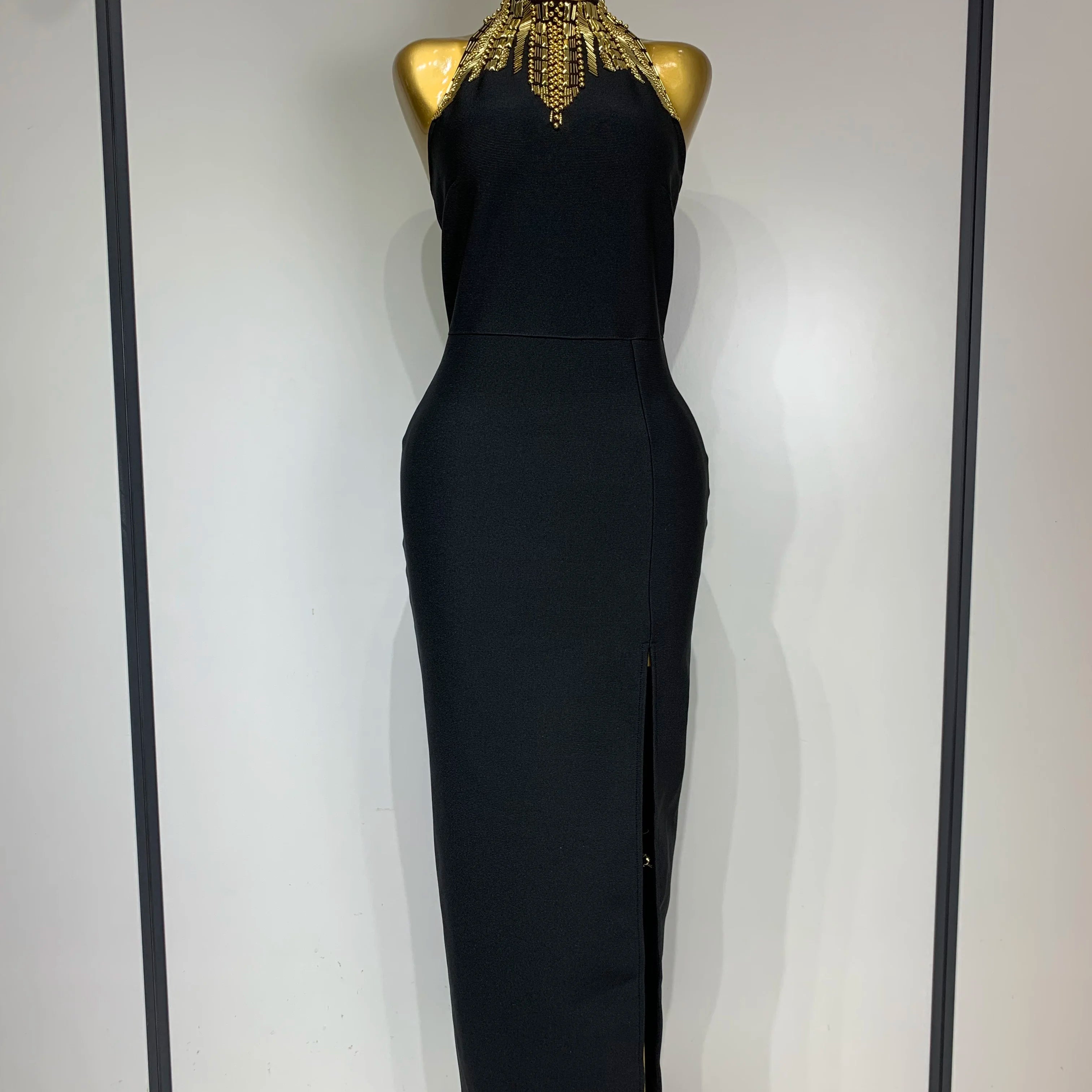 Women Fashion Celebrity Sexy Backless Beading Midi Black Bodycon Bandage Dress 2025 Elegant Evening Club Luxury Birthday Dresses black