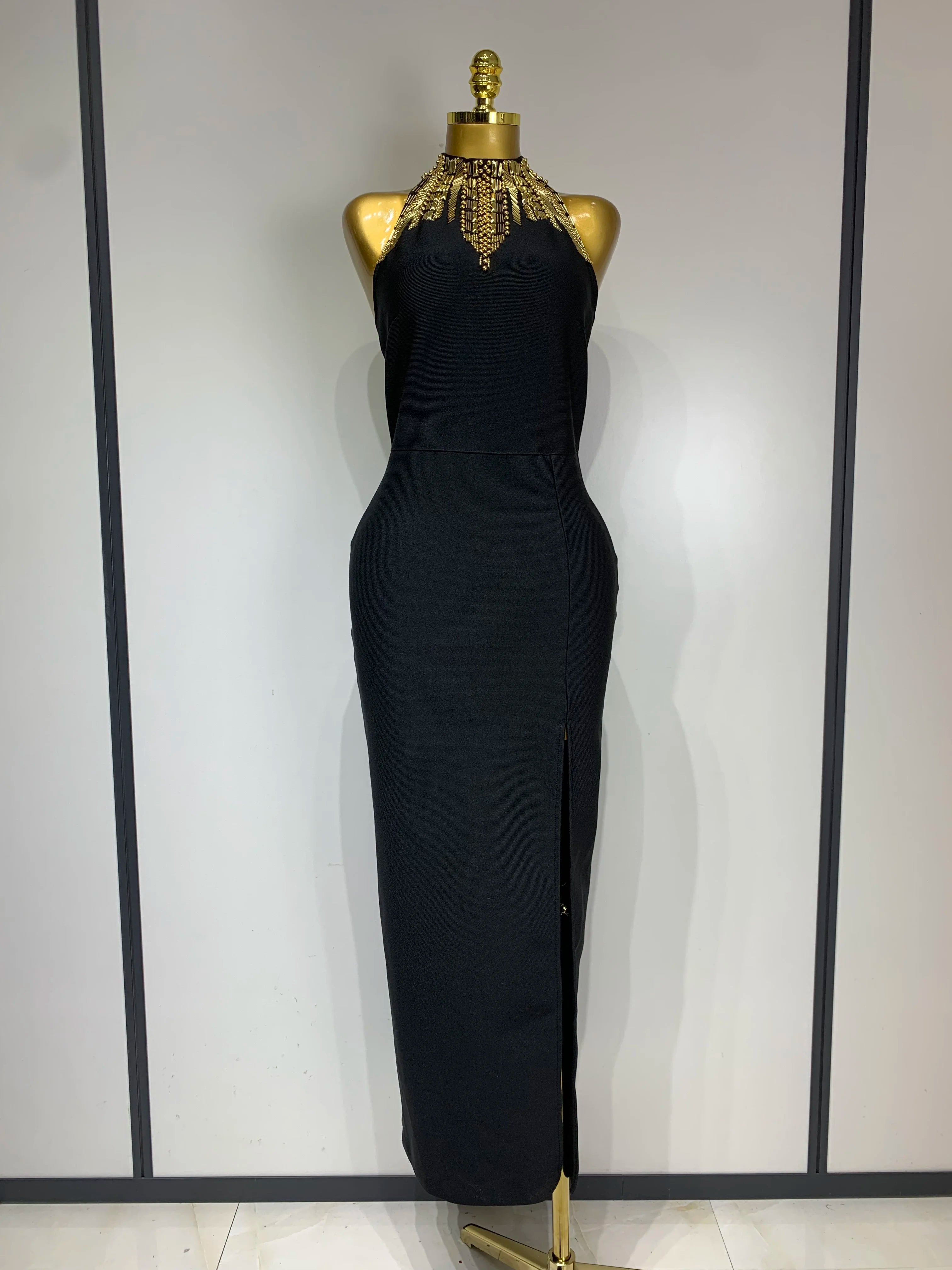 Women Fashion Celebrity Sexy Backless Beading Midi Black Bodycon Bandage Dress 2025 Elegant Evening Club Luxury Birthday Dresses black
