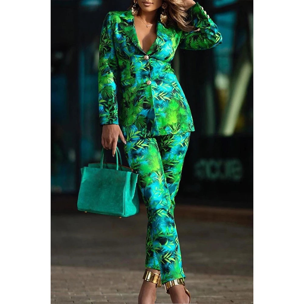 Flycurvy Plus Size Business Casual Pan Set Green Print Lapel Long Sleeve Blazer Suit Two Piece Pant Set green