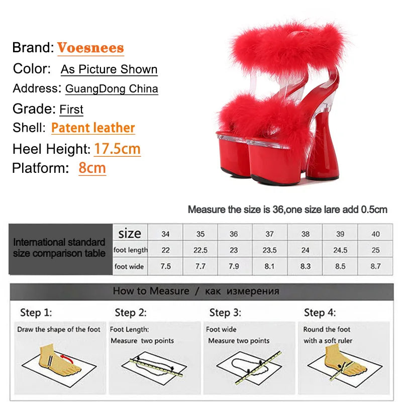 Women's 17.5CM Ultra High Heel Black White Red Platform Sandals Summer Fashion Furry Open Toe Nightclub Stage Round Heels Shoes