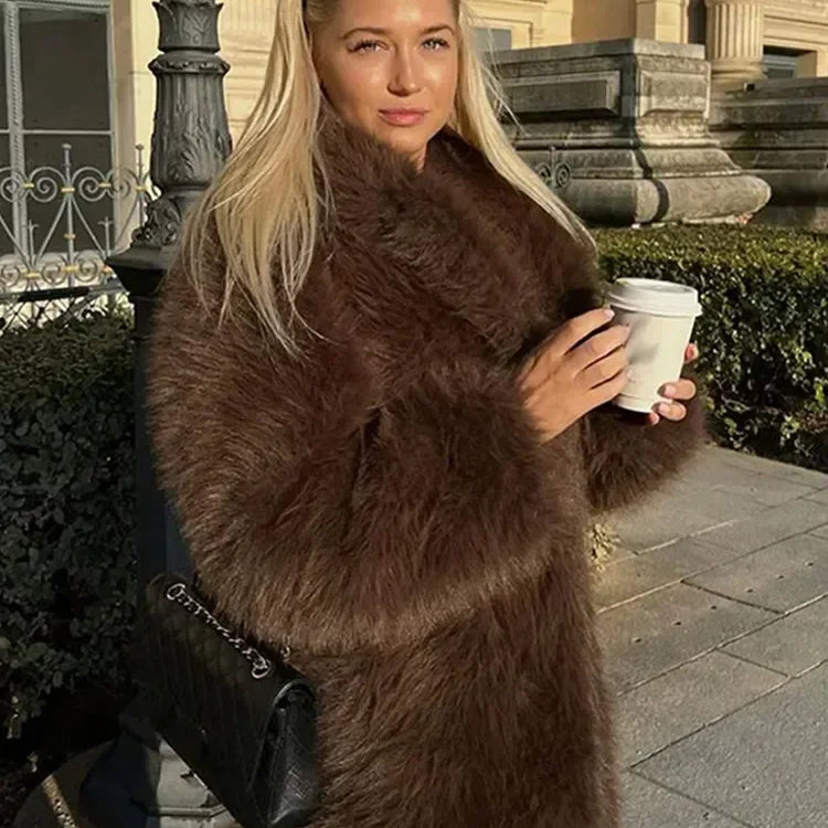 Luxury Brown Women Faux Fur Jacket Oversized Lapel Long Sleeve Warm Fluffy Coats Winter Female Loose Streetwear Outwears