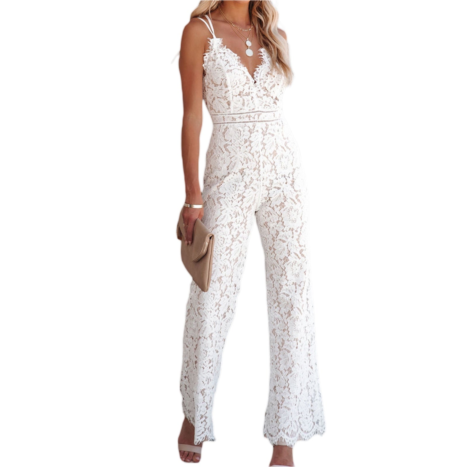 Sexy Lace Floral Jumpsuit Summer V Neck Solid Color Sleeveless Backless Bodycon Long Romper Playsuit Party Clubwear White