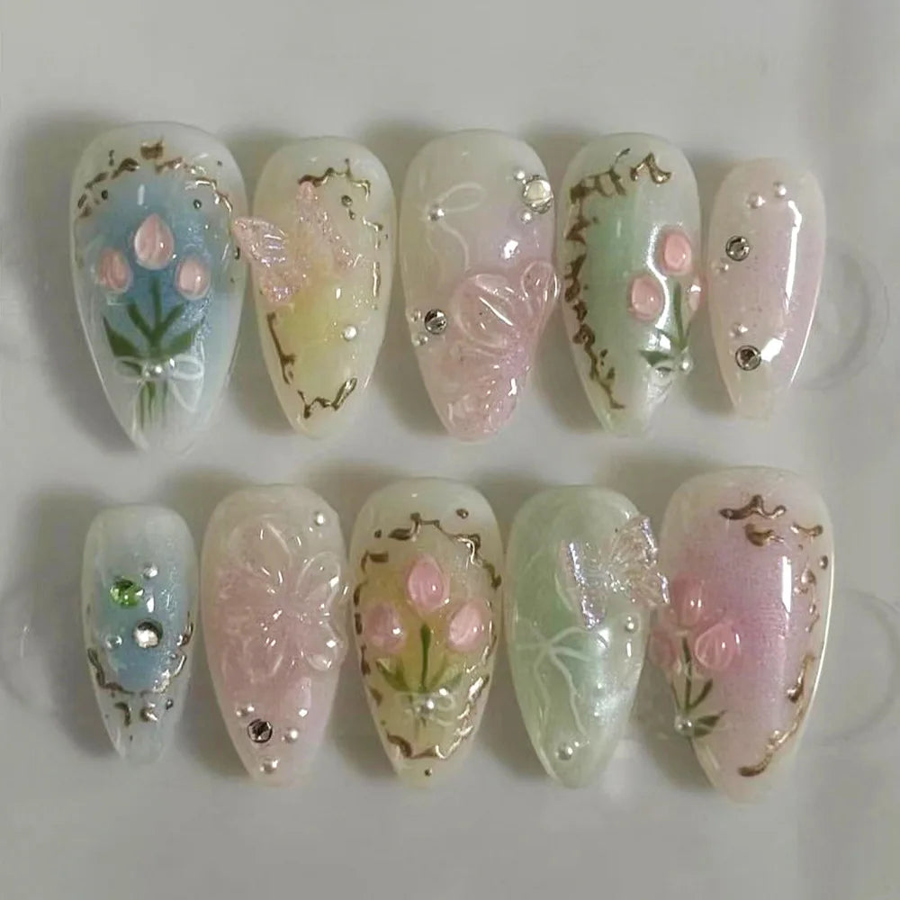 24Pcs Almond False Nails with Broken Diamond Fashion Green Flower Design Nail Art Tips Wearable Full Cover Press on Fake Nails 3400