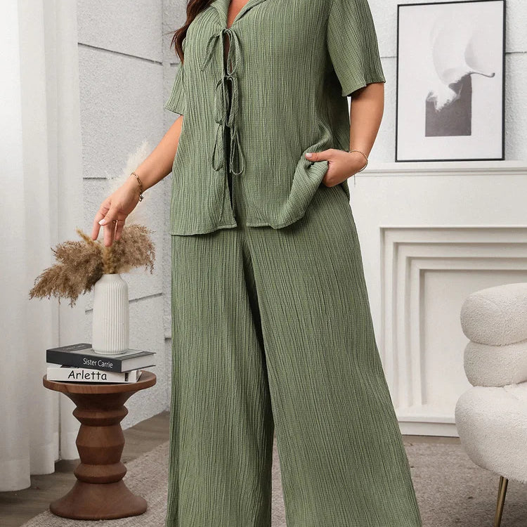 GIBSIE Plus Size Spring Summer Women Two Piece Set Loose Lace-up Shirt Top + Wide Leg Pants 2025 Female Casual 2 Piece Outfits