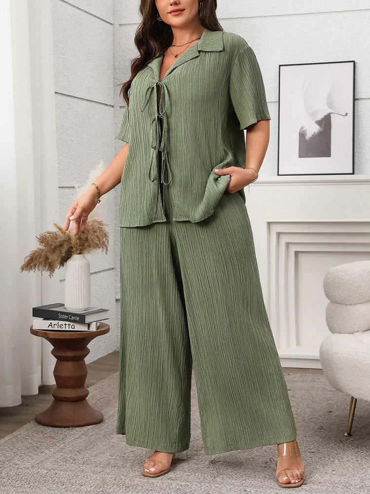 GIBSIE Plus Size Spring Summer Women Two Piece Set Loose Lace-up Shirt Top + Wide Leg Pants 2025 Female Casual 2 Piece Outfits