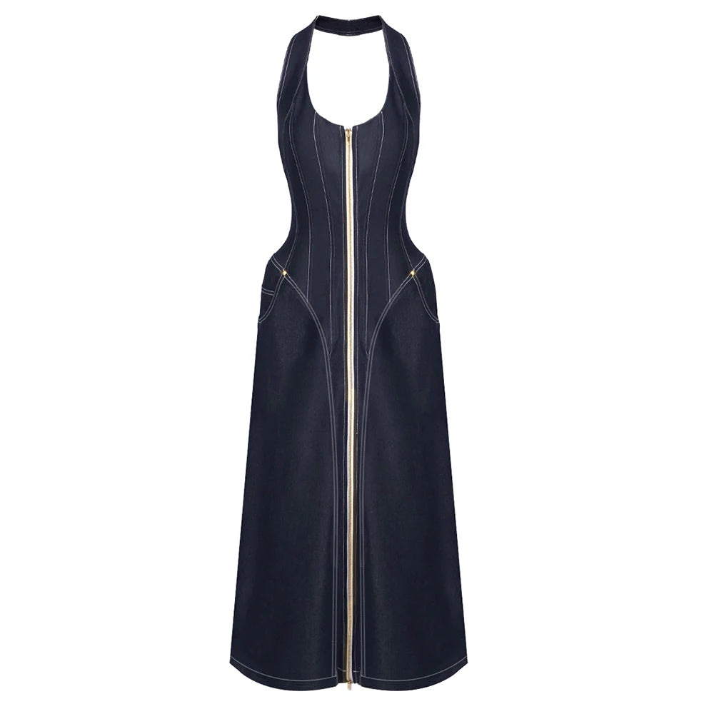 Edgy-Chic Denim Halter Zipper Sleeveless Backless Maxi Dress for Fashion Date Night Gown AS PIC