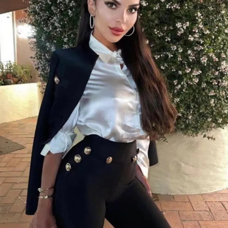 New Autumn Style Black Color Women Long Sleeve Button Rayon Bandage Coat Pants Fashion Women's Set High Street Celebrate Wear