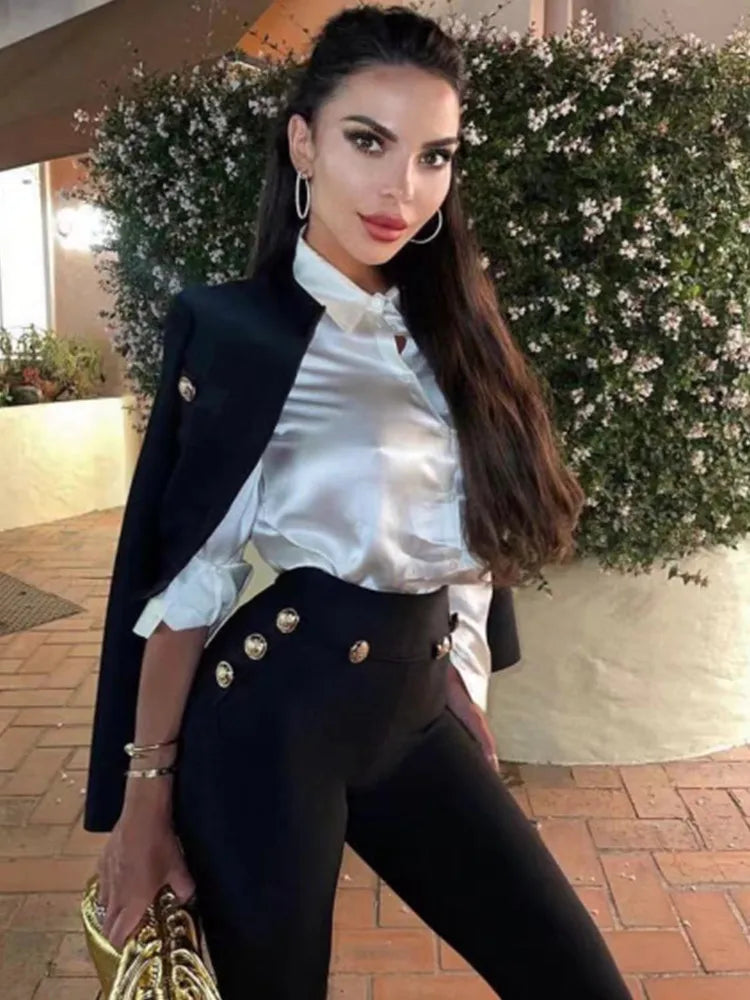 New Autumn Style Black Color Women Long Sleeve Button Rayon Bandage Coat Pants Fashion Women's Set High Street Celebrate Wear