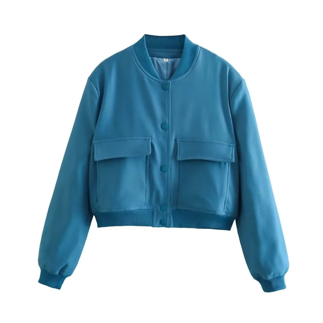 Women Fashion Solid Bomber Jackets Coat With Pockets V-Neck Single Breasted Long Sleeves Female Chic Lady Outfits Blue
