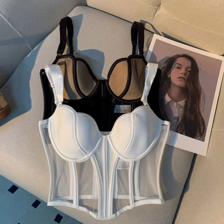 Women's Chic Mesh Fishbone Camisole Inner Wear Outer Wear Corset Crop Top Waist-Tight Sexy Bra White Black 2023
