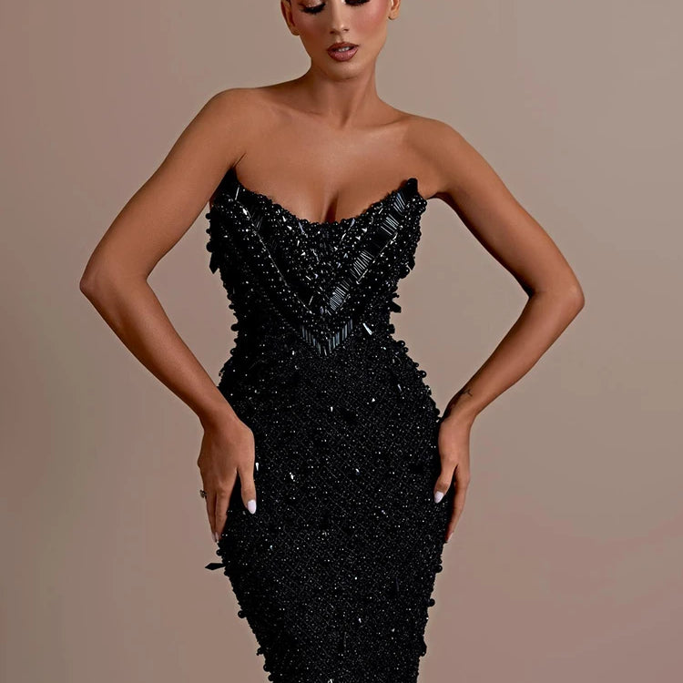 Stunning Strapless Sleeveless Black Crystal Sequin Dress Luxury Party Evening Gown
