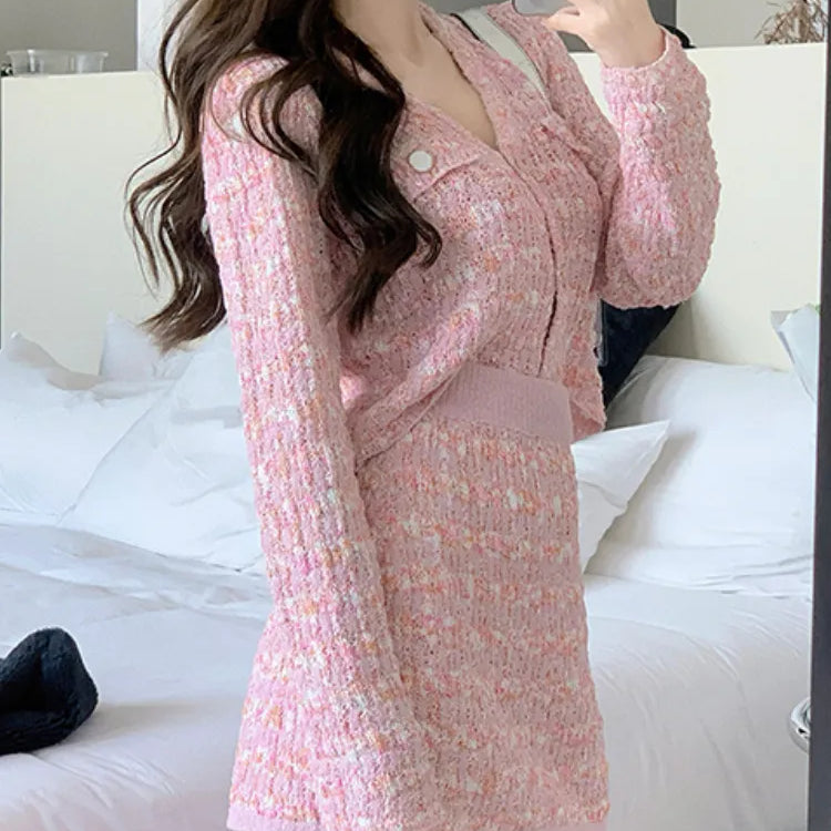 Two Piece Dress Set Sweet Cardigan Sweater + Slim Skirt Pink Elegant Y2k Mini Dress 2022 Autumn Office Lady Casual Knitted Suits