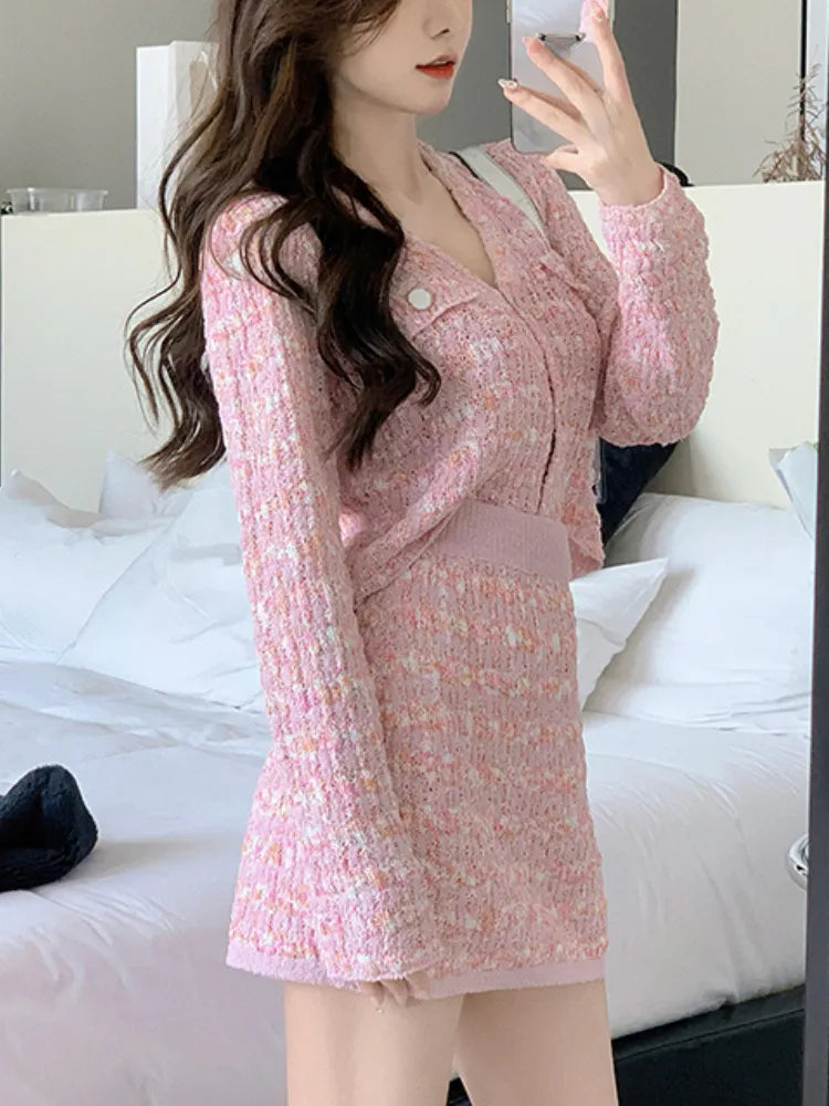 Two Piece Dress Set Sweet Cardigan Sweater + Slim Skirt Pink Elegant Y2k Mini Dress 2022 Autumn Office Lady Casual Knitted Suits